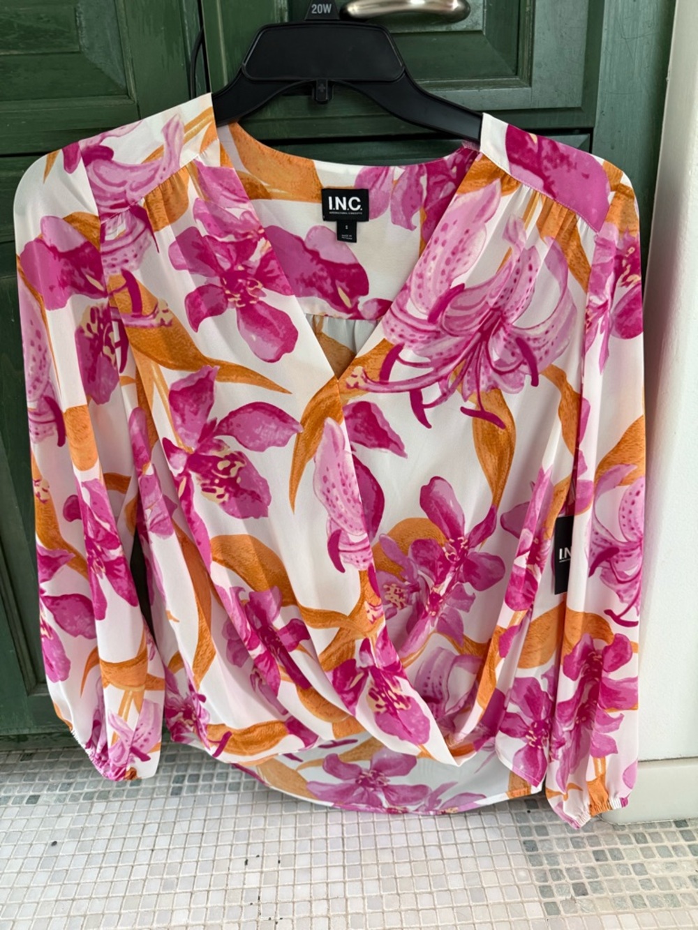 INC International Concepts White Blouse with Pink and Orange Floral Print